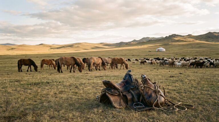 Mongolian steppe in evening light with a herd of horses and a flock of sheep grazing, a white ger in the distance, and a worn saddle and leather flask on the grass