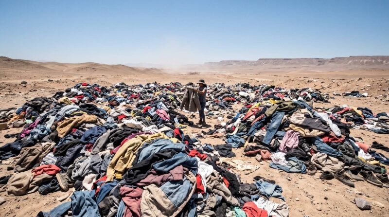 A woman holds up a coat among vast heaps of discarded clothes dumped across the Atacama Desert near Alto Hospicio in northern Chile