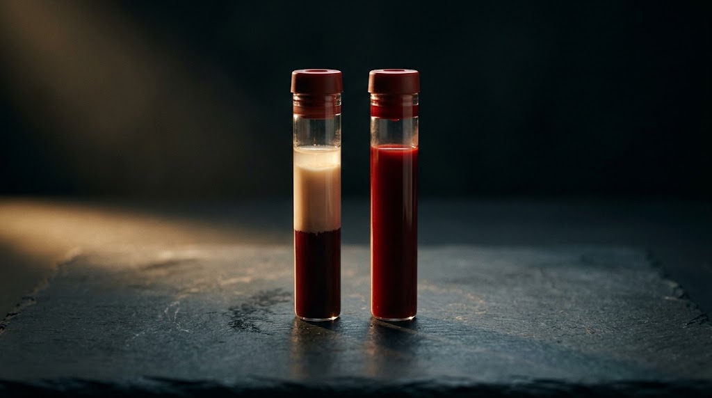 Two blood vials on dark slate, one with a thick pale lipid layer separated on top and one uniform deep red