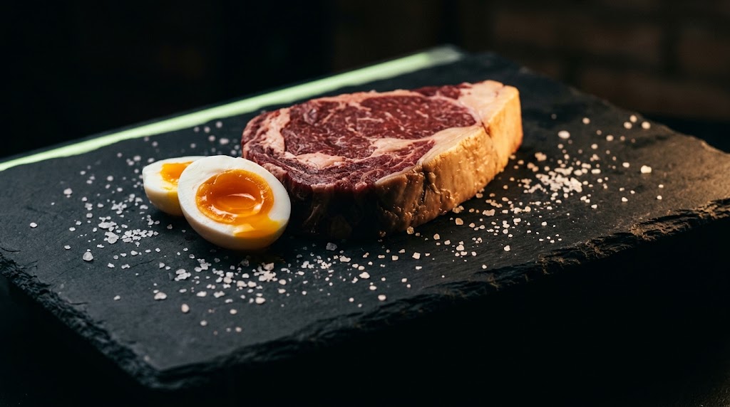 A thick ribeye and a halved soft-boiled egg on dark slate under one warm light