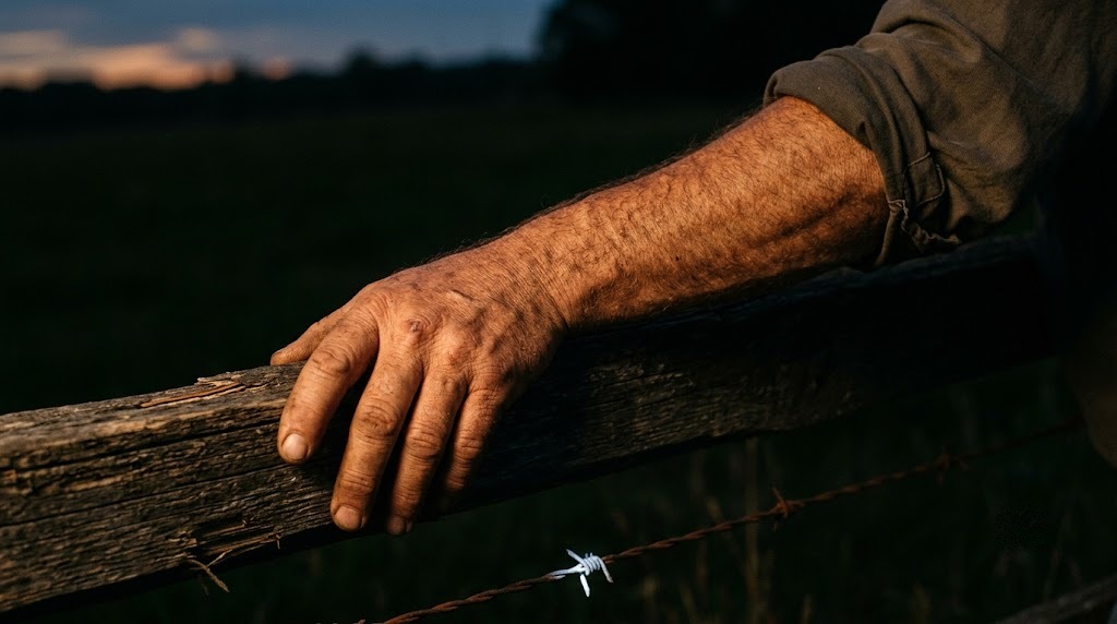 A farmer's weathered forearm resting on a fence rail in low evening sunlight