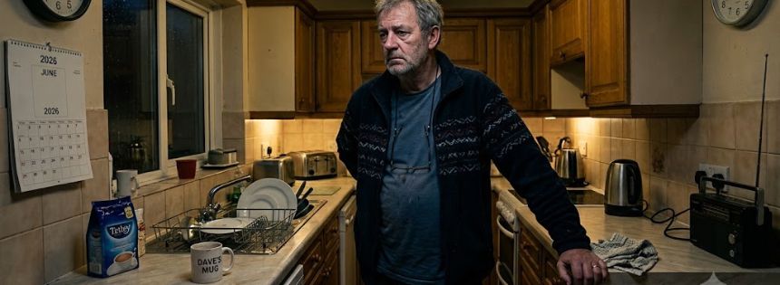 A dejected middle-aged man standing alone in a dim British kitchen late at night