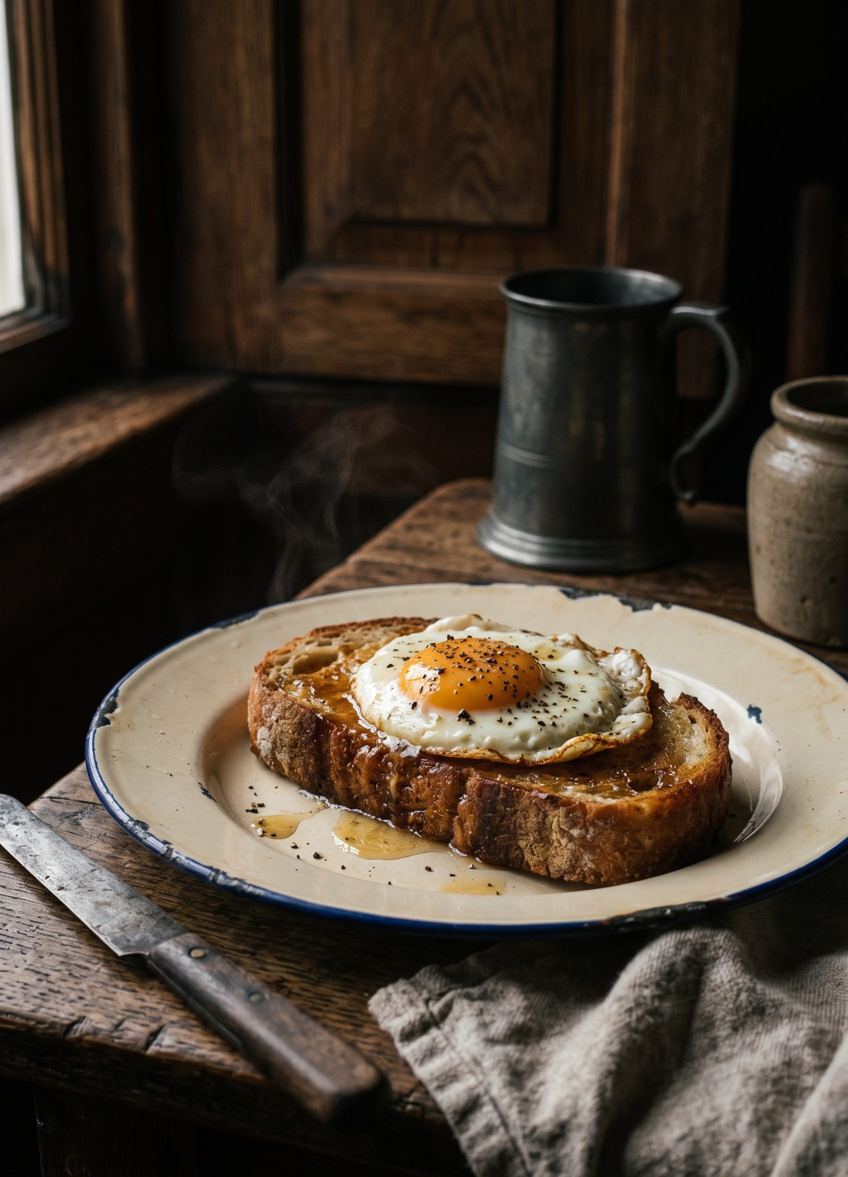 Beef dripping on crisp toast topped with a fried egg on a rustic plate