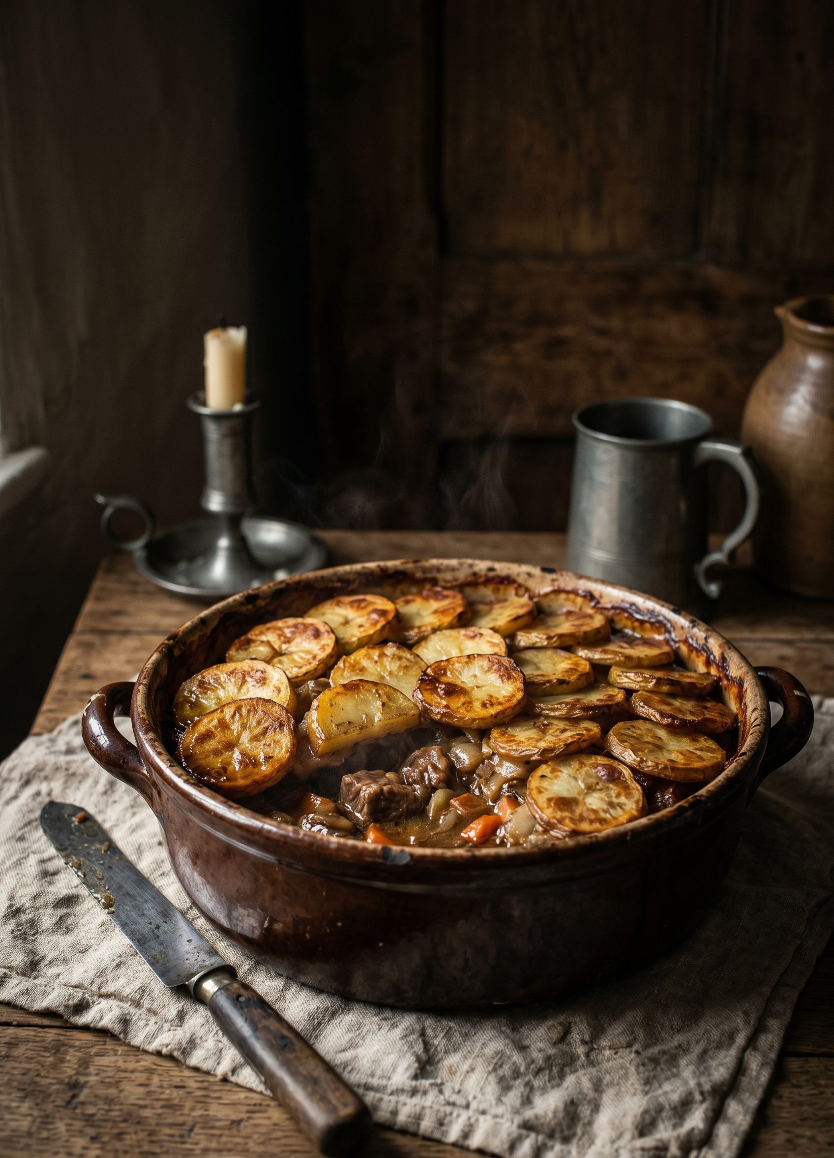 Lancashire hotpot with a crisp golden sliced-potato top in a cast-iron dish