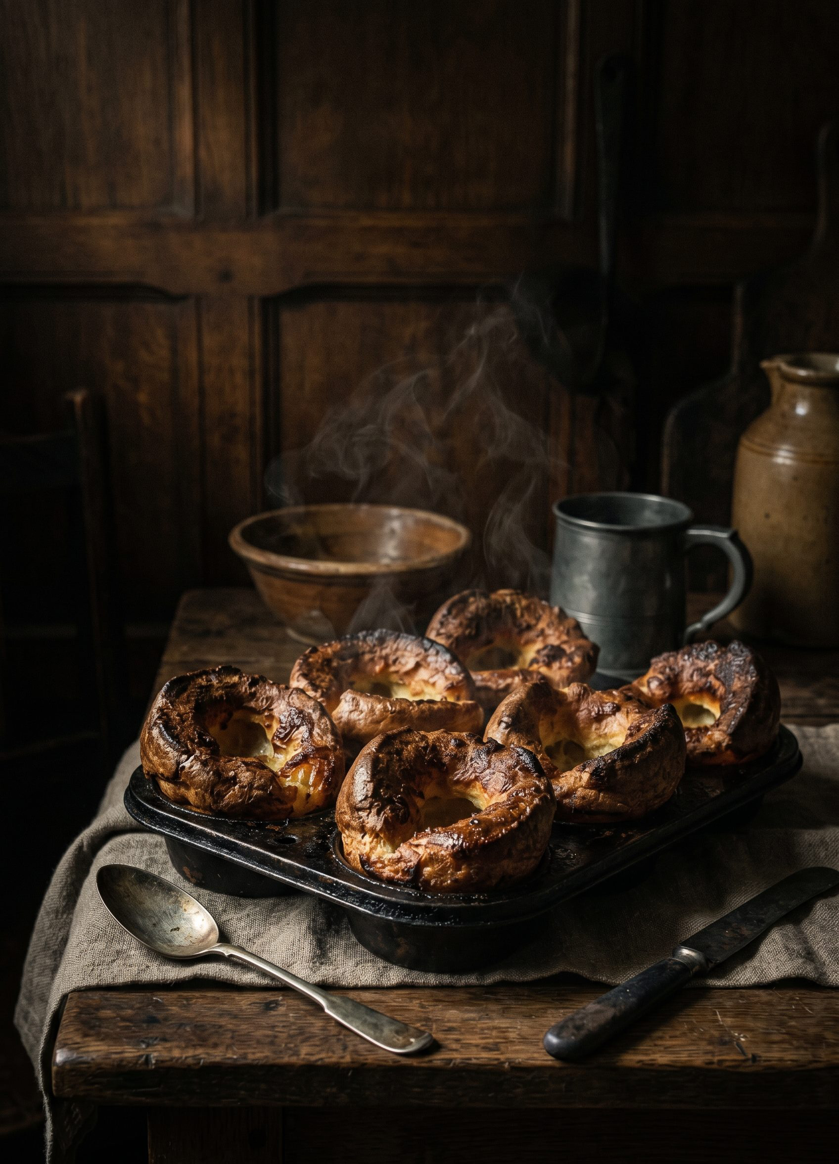 Tall, crisp-edged Yorkshire puddings risen golden in a muffin tin