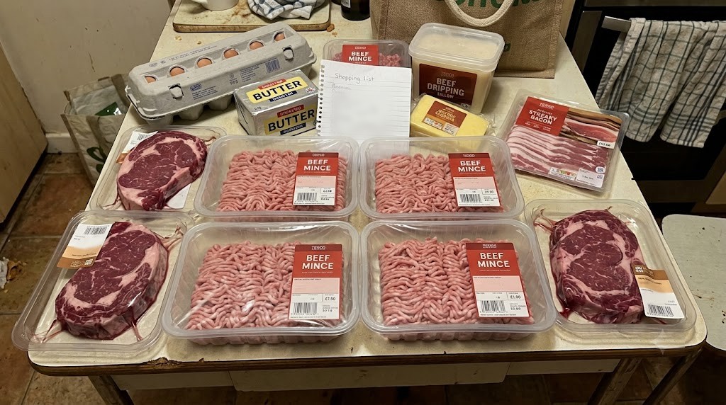 A week of carnivore meat on a kitchen table