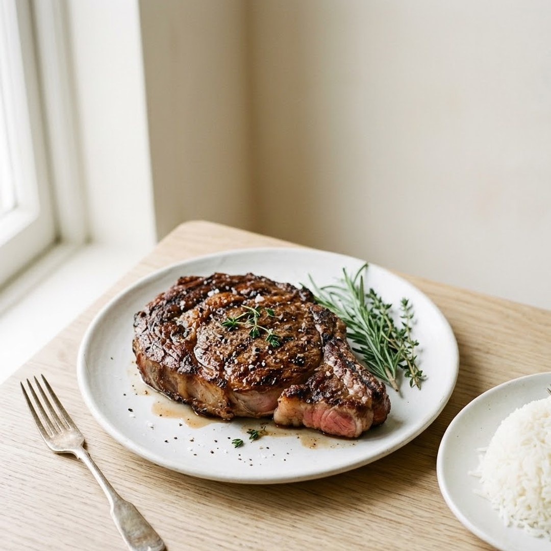 A ribeye steak on a white plate beside a small plate of white rice