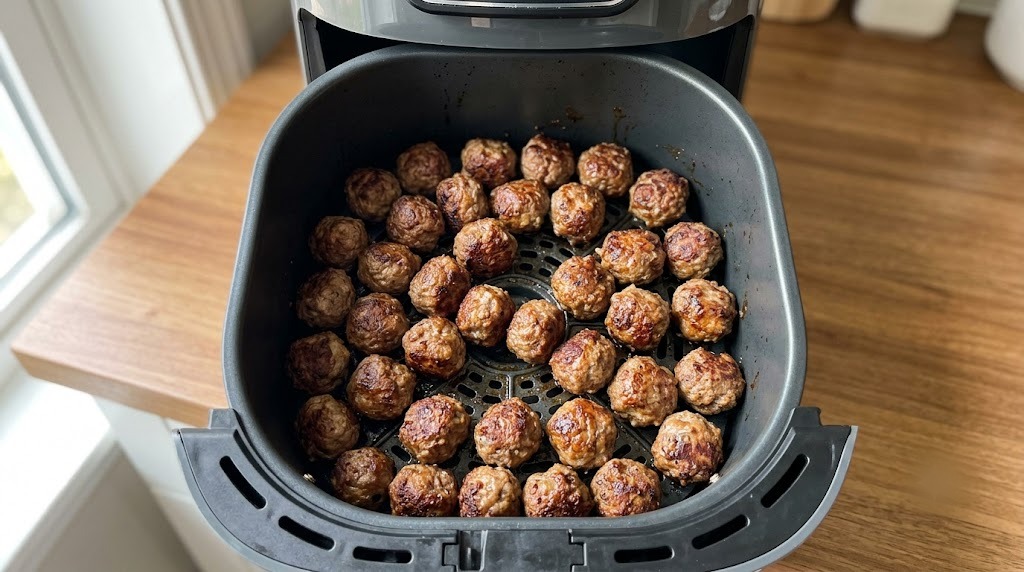 An air fryer basket of browned carnivore beef meatballs
