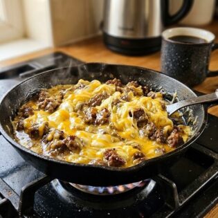 A cast-iron skillet of carnivore beef and eggs with melted cheese