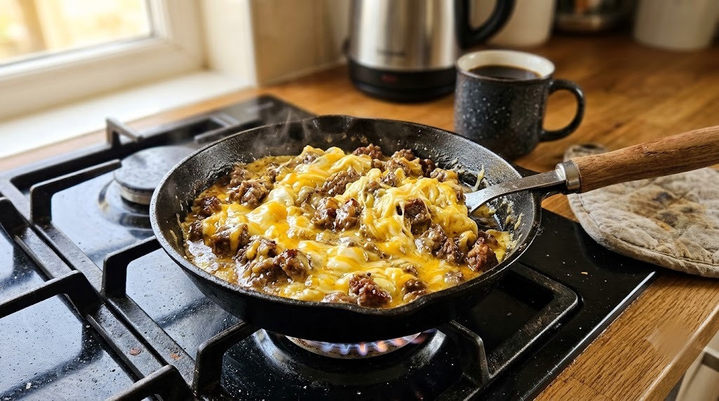 A cast-iron skillet of carnivore beef and eggs with melted cheese