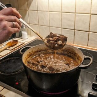 A ladle lifting chunky beef chili from a cast-iron pot on a stovetop