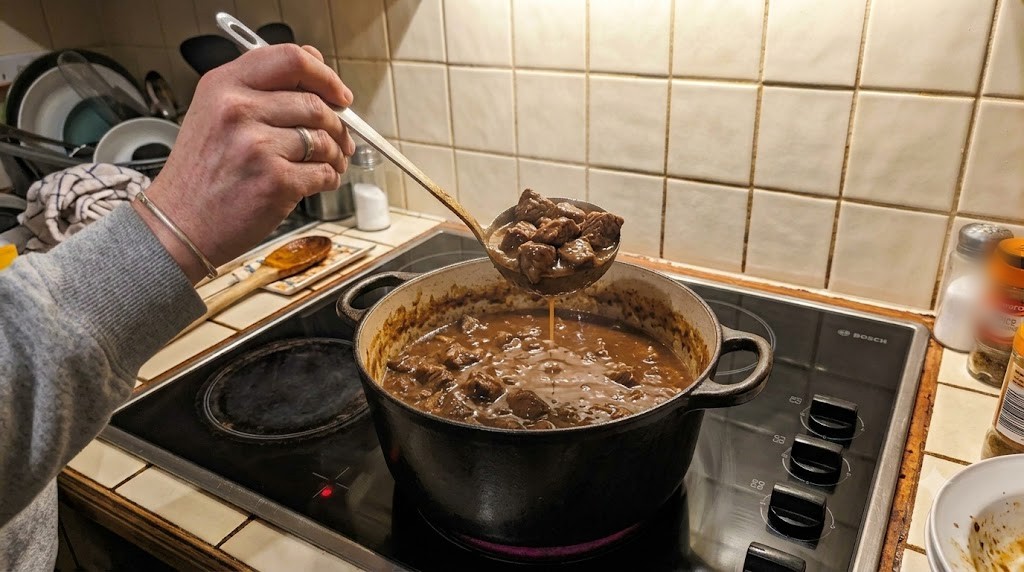 A ladle lifting chunky beef chili from a cast-iron pot on a stovetop