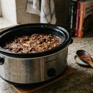 A slow cooker full of browned carnivore ground beef in a rich broth