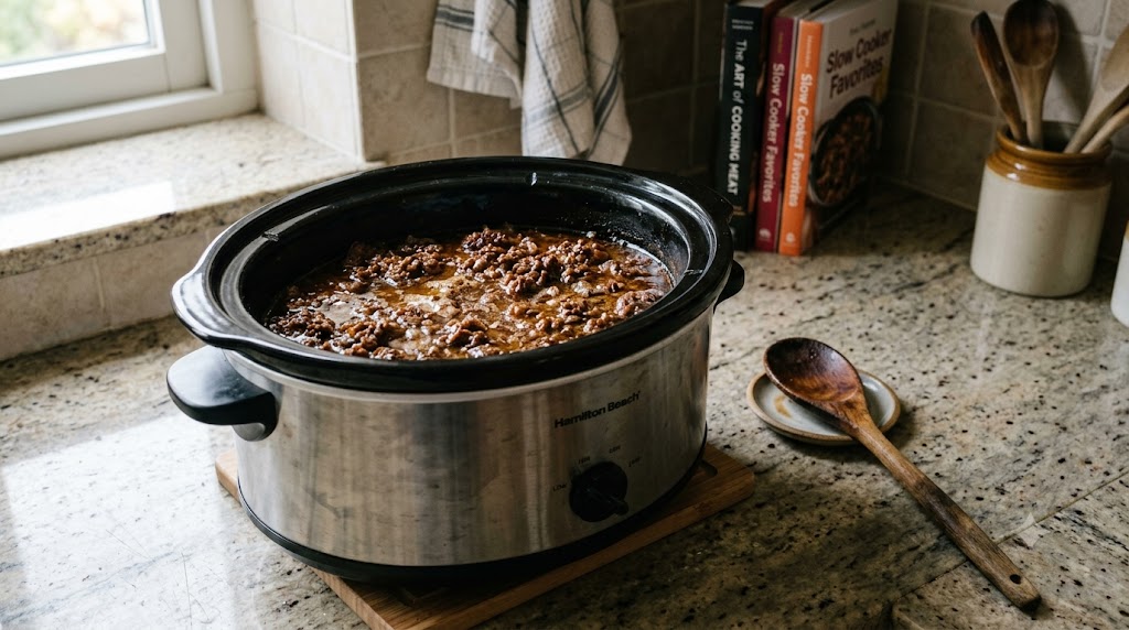 A slow cooker full of browned carnivore ground beef in a rich broth