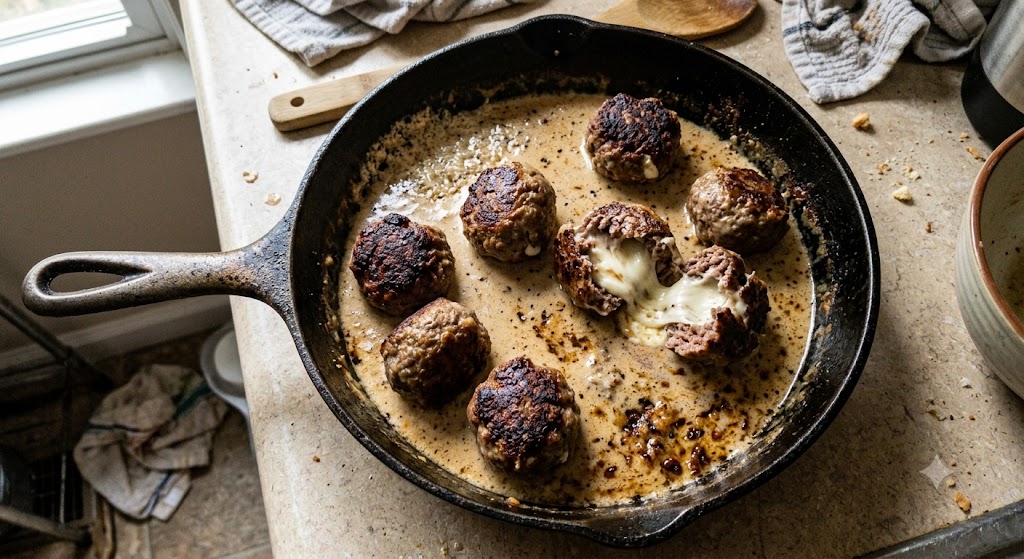 Carnivore meatballs in a cast iron pan, one broken open with melted mozzarella stretching out