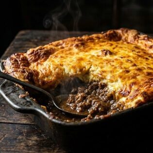 Carnivore shepherds pie with golden cheese and egg crust, corner scooped showing lamb mince in gravy