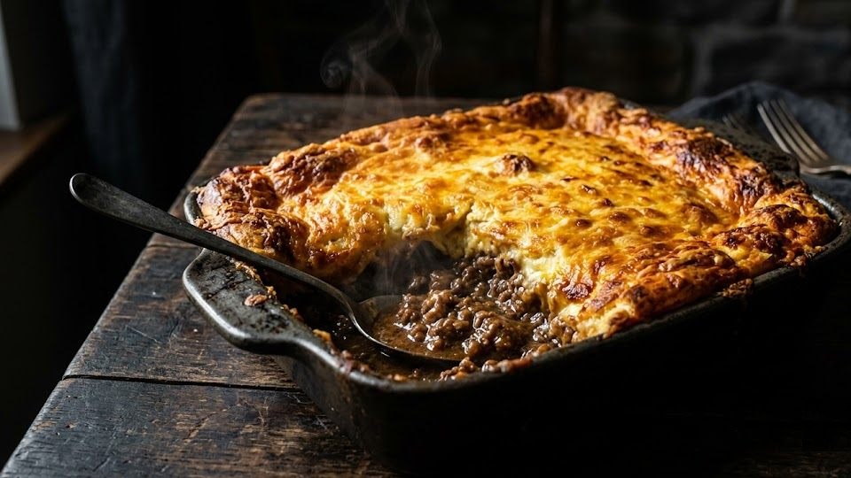 Carnivore shepherds pie with golden cheese and egg crust, corner scooped showing lamb mince in gravy