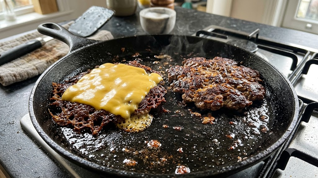 Two carnivore smash burger patties with melting cheese on a cast-iron pan