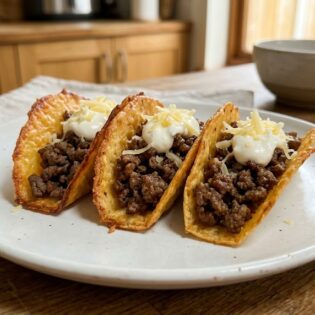 Three carnivore cheese-shell tacos filled with seasoned beef and soured cream