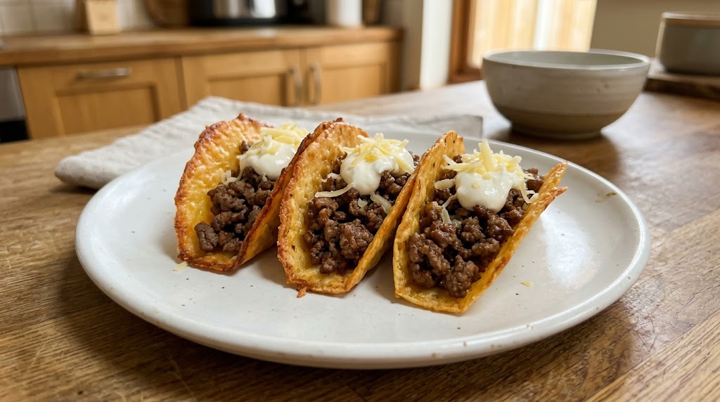 Three carnivore cheese-shell tacos filled with seasoned beef and soured cream