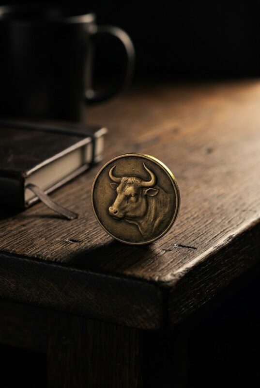 A brass Inner Ruminati membership token struck with a bull in profile, on a dark oak table