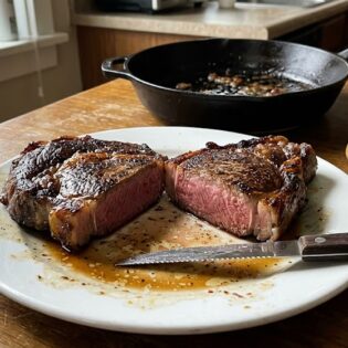 Thick ribeye steak rested and cut in half, dark crust and pink centre, cast iron pan behind