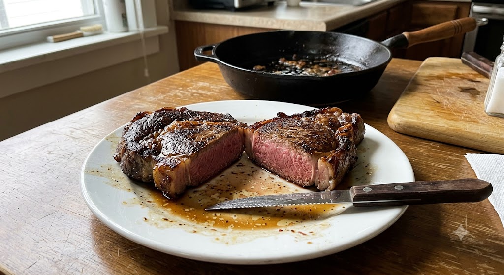 Thick ribeye steak rested and cut in half, dark crust and pink centre, cast iron pan behind