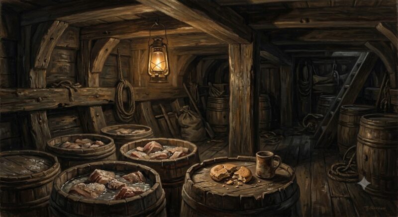 Painting of open casks of salt pork in brine on a dim ship lower deck, lit by a lantern, with ship biscuit on a barrel