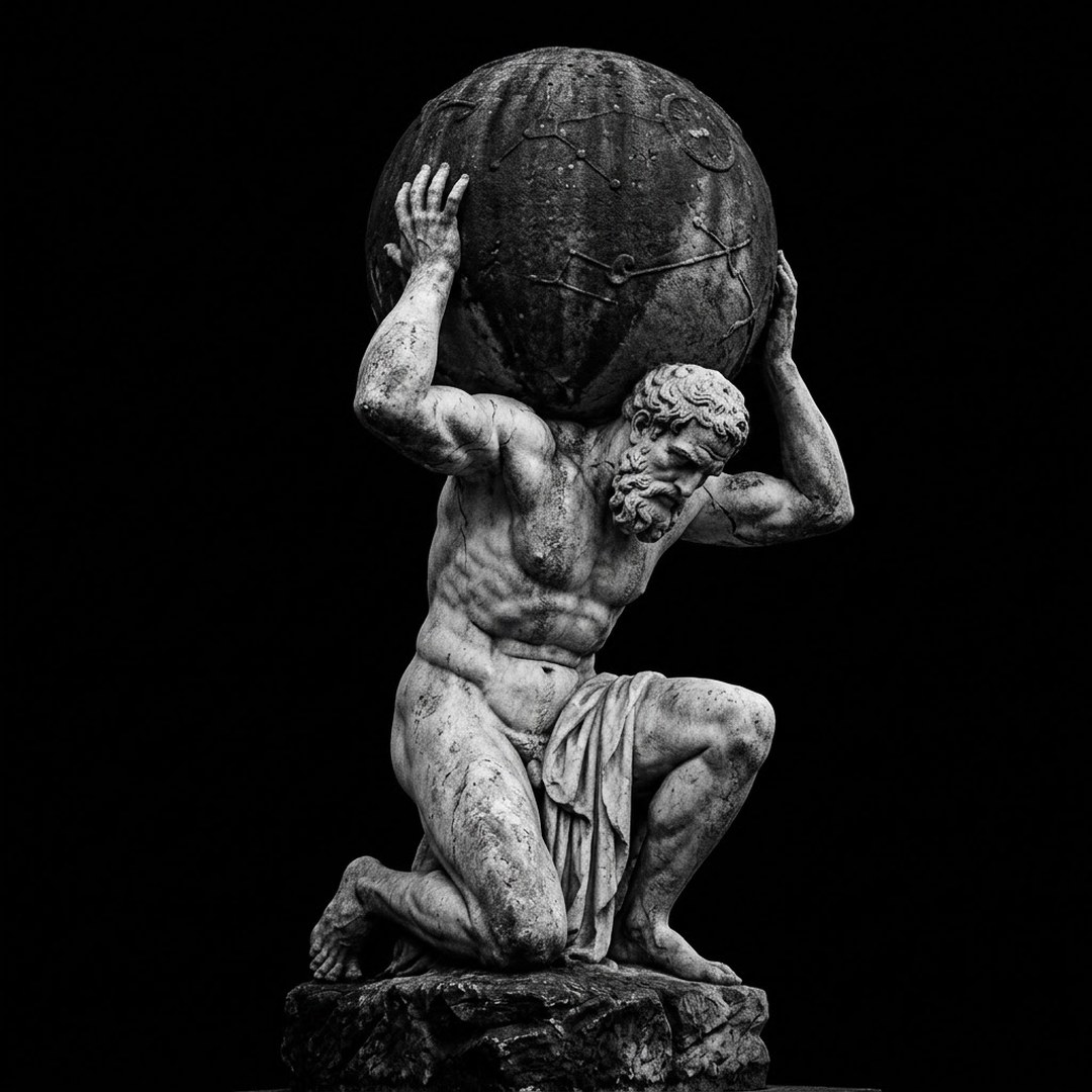 A marble statue of Atlas bearing a heavy stone sphere, a chosen load carried well