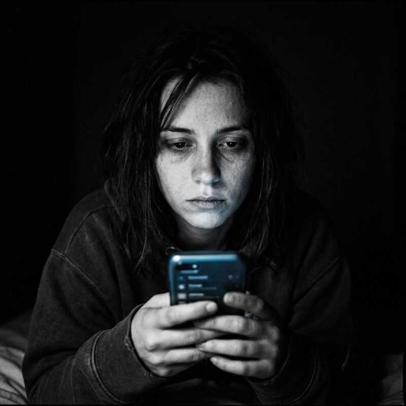 A tired face lit only by a phone screen in the dark, stress that never switches off