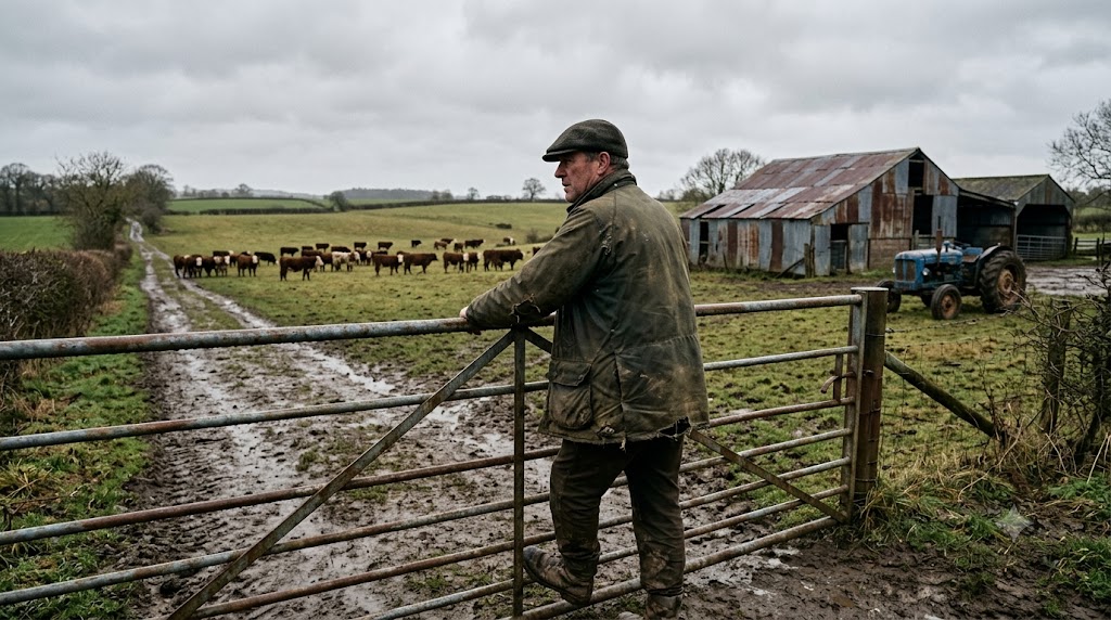 A weathered British beef farmer in a worn waxed jacket and flat cap leaning on a muddy field gate, his herd, a tin barn and an old tractor behind him under a grey sky