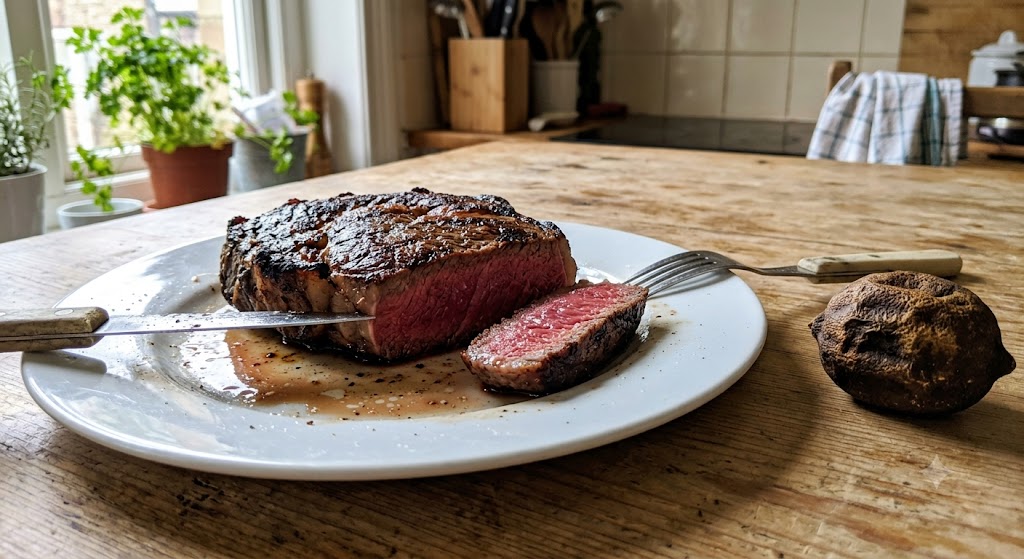 A thick rare steak sliced open on a plate, next to a shrivelled dried lime