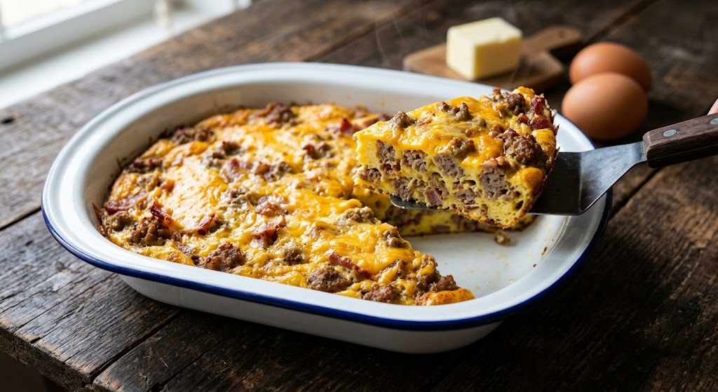 Carnivore breakfast casserole in an enamel dish with a slice lifted on a server