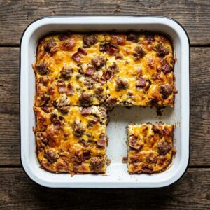 Carnivore breakfast casserole in a white enamel dish, recipe card view