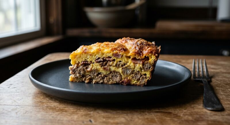 Cross-section slice of carnivore breakfast casserole showing sausage, bacon and egg layers