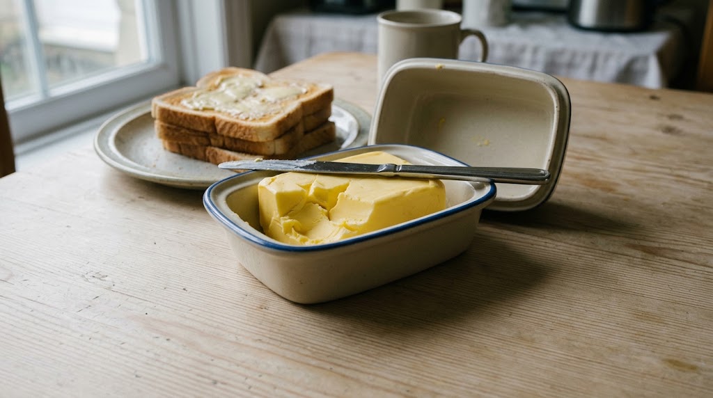 An open ceramic butter dish of deep yellow butter with a knife across it on a pine kitchen table, toast on a plate behind