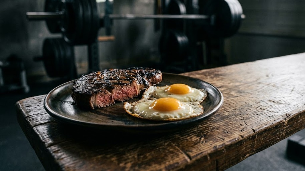A ribeye steak and two fried eggs on a dark plate on a wooden bench in a garage gym, barbell behind