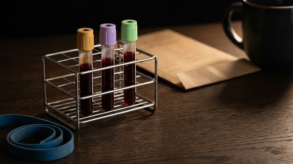 Three filled blood sample tubes in a steel rack on a dark surface, one lime-green cap catching the light