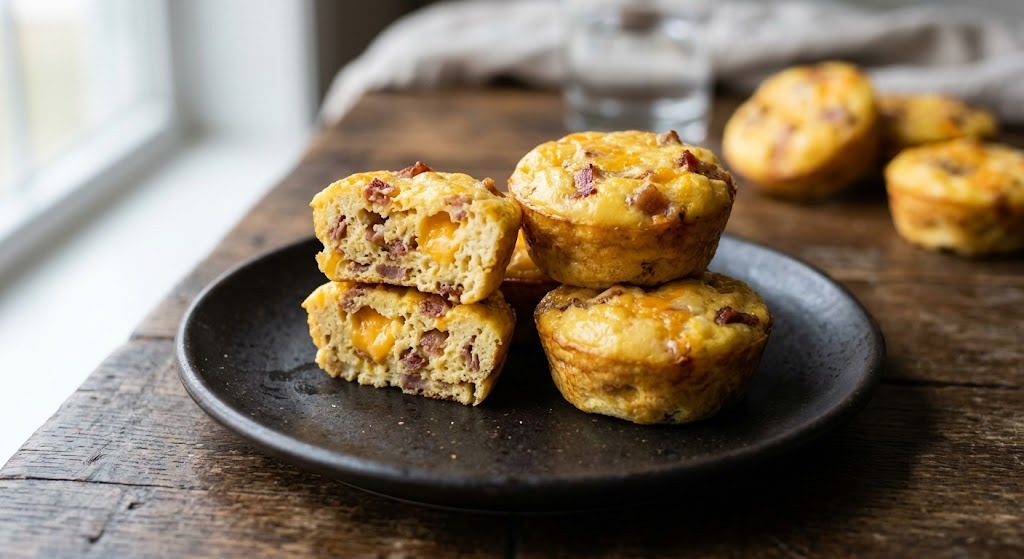 Stack of carnivore egg bites on a dark plate, one bitten