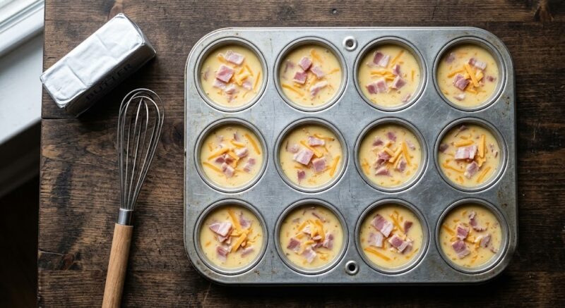 Muffin tray of carnivore egg bite mixture with bacon and cheddar, ready for the oven