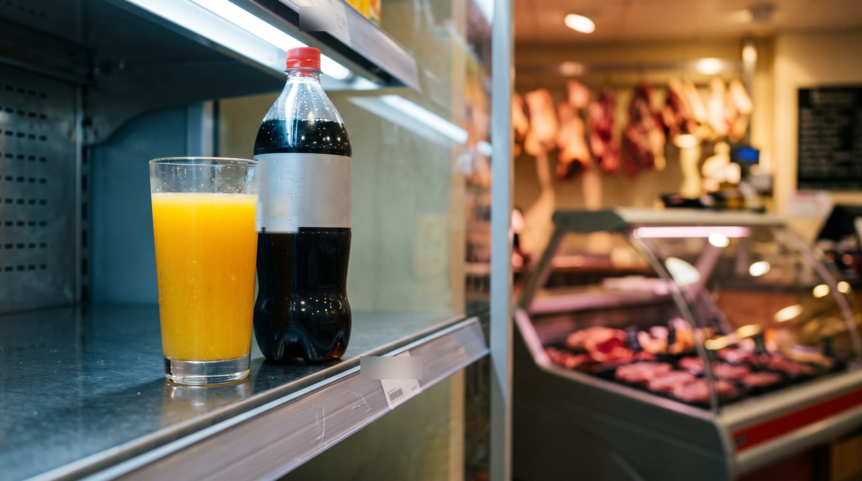 A glass of orange juice and a bottle of cola on a supermarket shelf with a butchers counter blurred in the background
