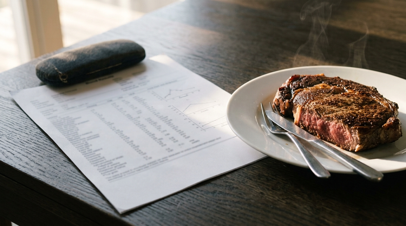 A blood test results sheet on a kitchen table next to a plate with a ribeye steak