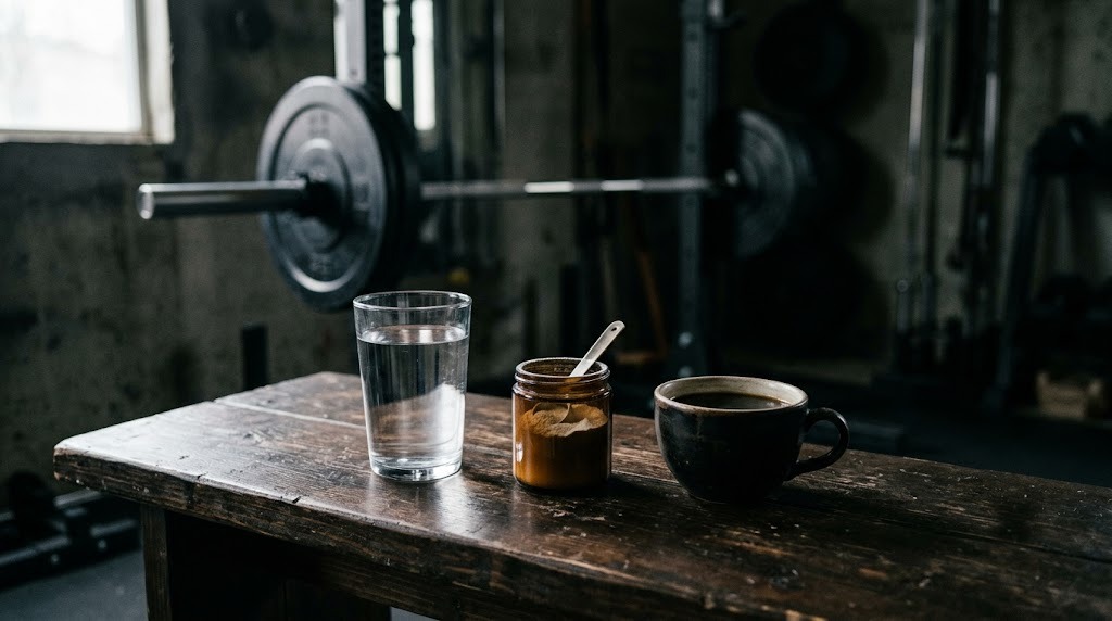A glass of water, a jar of creatine powder and a cup of black coffee on a bench in a garage gym