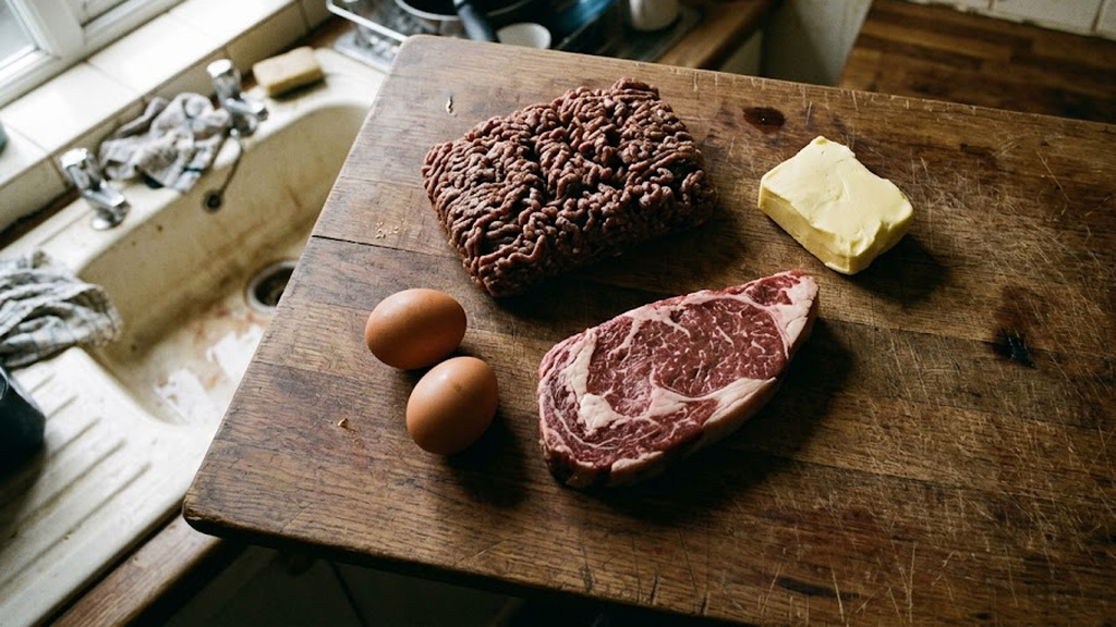 Raw beef mince, a marbled steak, two eggs and a slab of butter on a wooden board in a kitchen