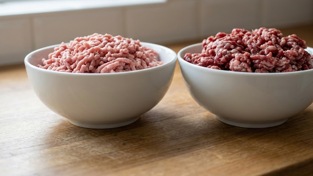 Two white bowls side by side, one holding pale lean beef mince, the other coarse fatty beef mince