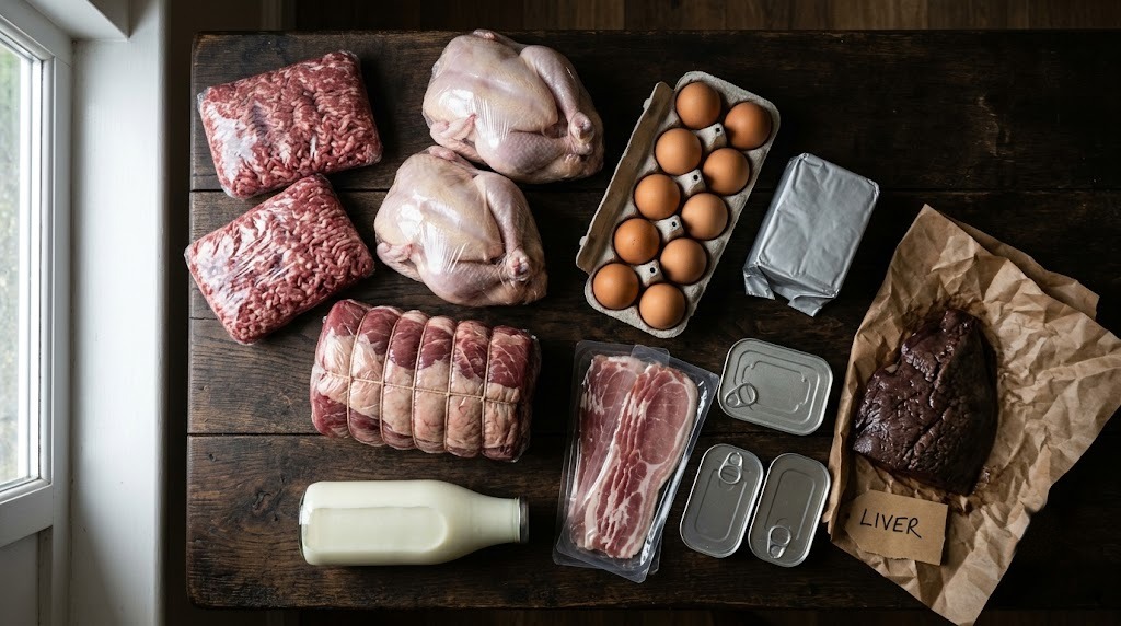 British carnivore shopping haul on a dark oak table: mince, whole chickens, chuck roast, eggs, butter, bacon, sardines, milk and liver on butcher paper