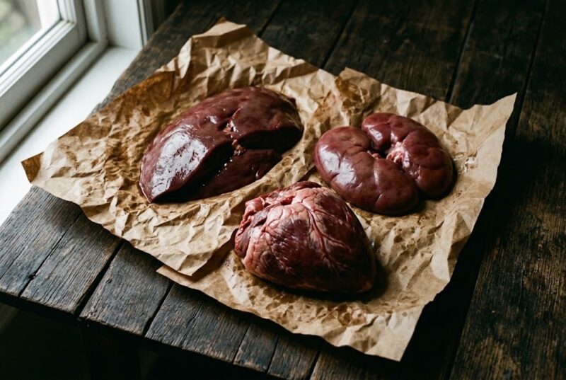 Raw beef liver, kidneys and heart on brown butcher paper on a dark wooden table