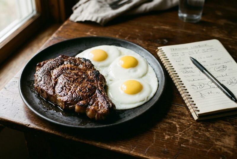 Ribeye steak and three fried eggs on a dark plate beside an open training logbook