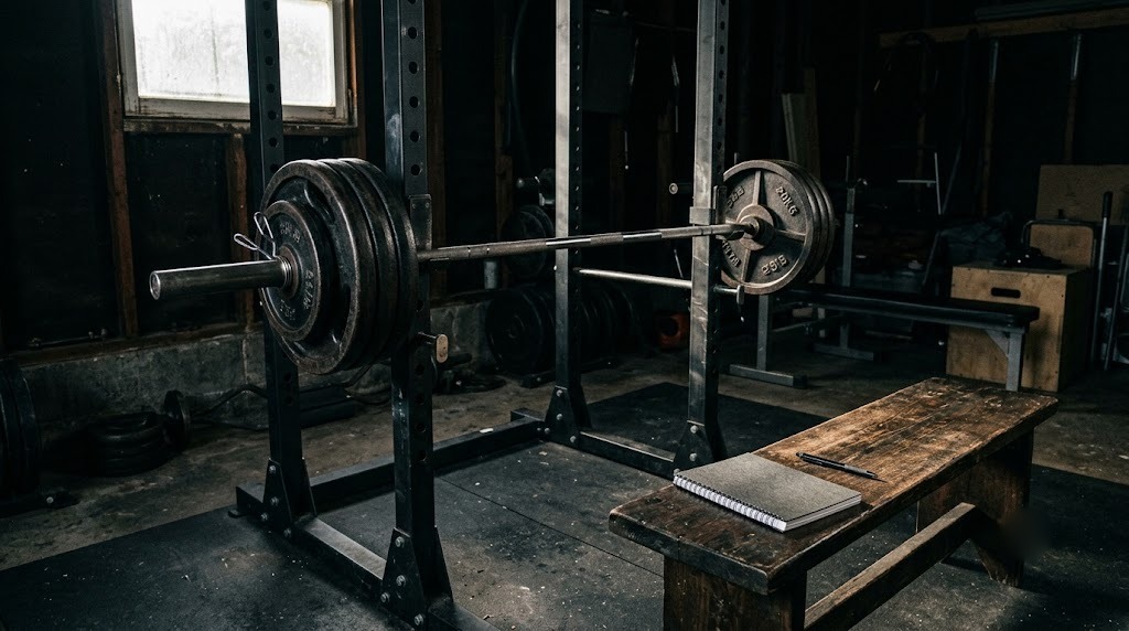 Loaded barbell in a squat rack in a garage gym with a training logbook on the bench