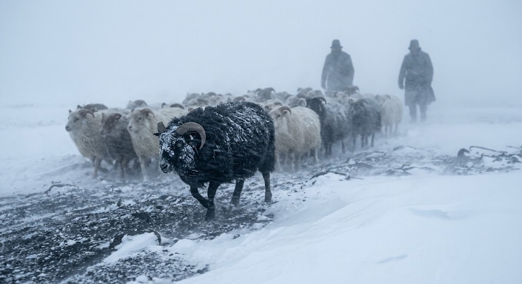 A black Icelandic leader ram, coat crusted with ice, leads a flock of sheep through a blizzard while two drovers follow as dim shapes in the whiteout